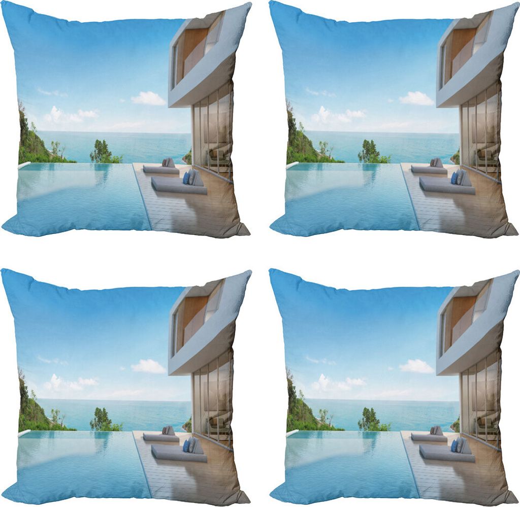 ABAKUHAUS Weiß Kissenbezug Set (4 Stück), Minimalist Beach House, Moderner Doppelseitiger Digitaldruck, 40 cm x 40 cm, Pale Brown Sky Blue