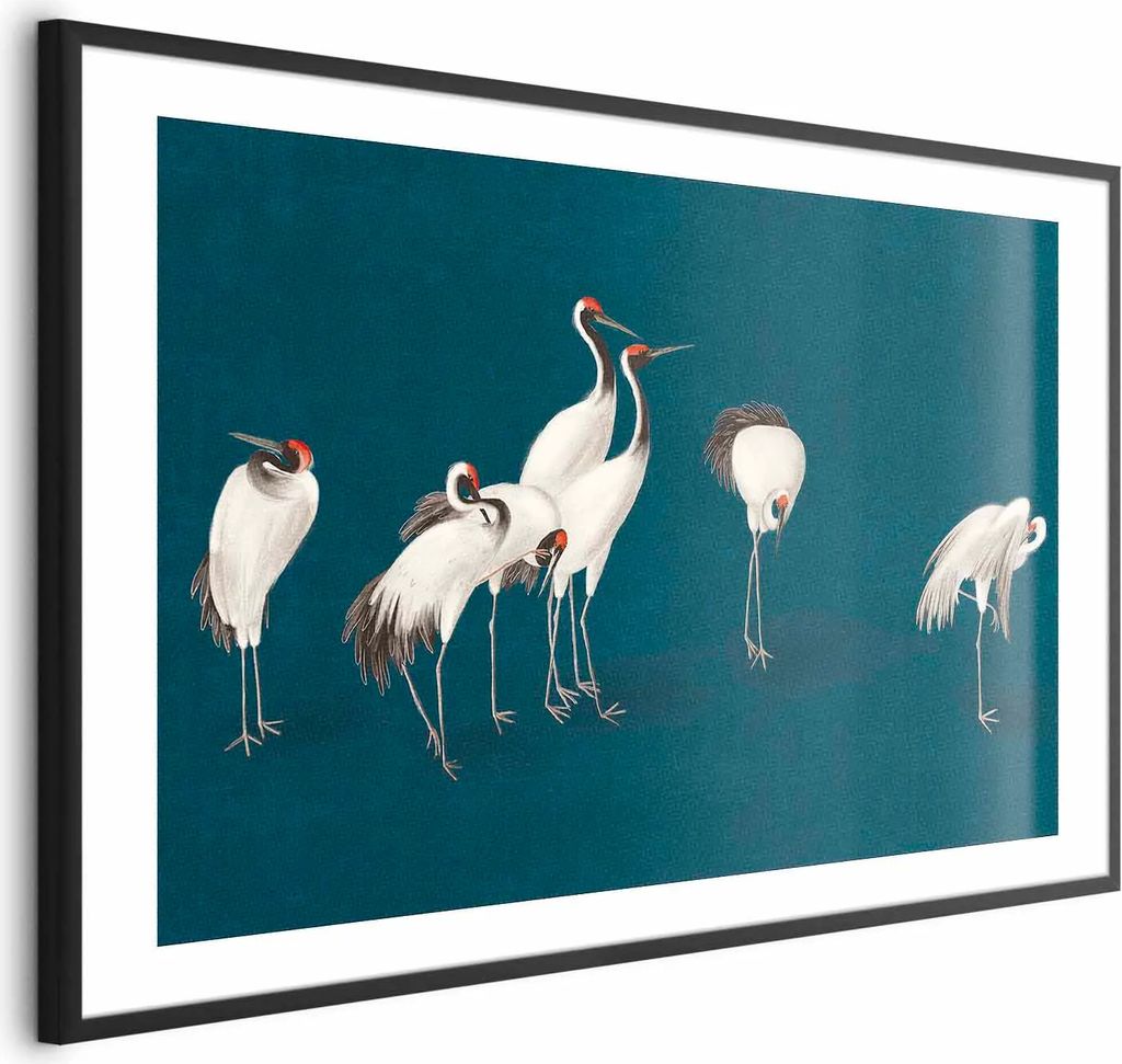 Posterpapier Poster - Evening at the Pond - group of cranes drawn in dry pastel on a dark turquoise background 60x40 cm Tiere g-C-10159-ao-a