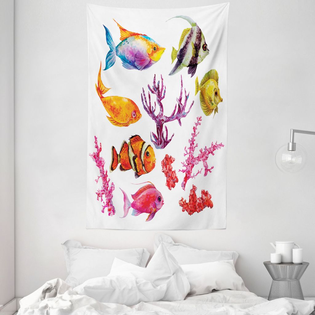ABAKUHAUS Fisch Wandteppich und Tagesdecke, Tropic Leben Algen Coral aus Weiches Mikrofaser Stoff Waschbar ohne Verblassen Digitaldruck, 140 x 230 ...