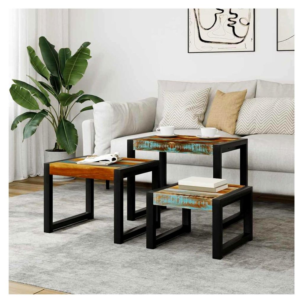 Vintage Altholz Tisch-Set - 3 Satztische, recyceltes Massivholz + Stahlgestell, Mehrfarbig, für Wohnzimmer, Couchtisch, Beistelltisch