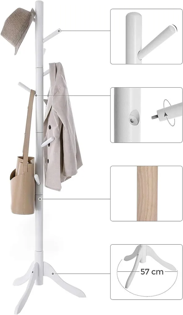 VASAGLE Porte-manteau Blanc en Bois avec 8 Crochets Réglables