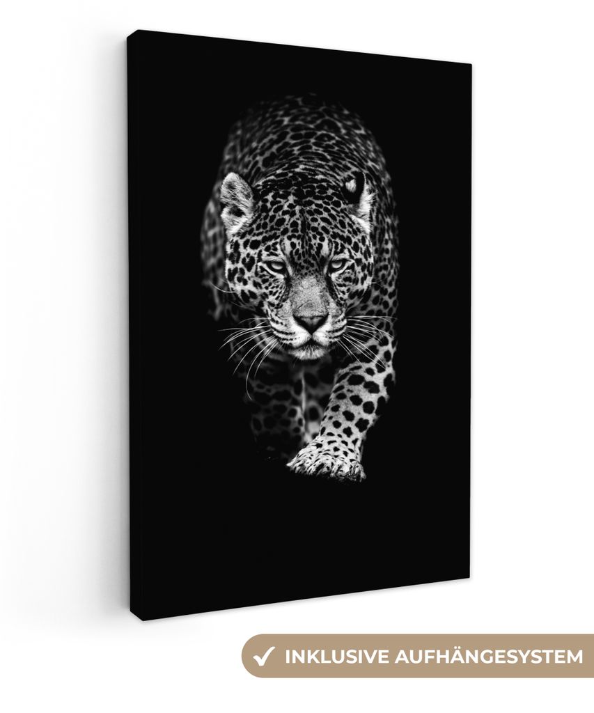 MuchoWow - Leinwandbilder - Tiere - Schwarz - Leopard - Weiß - Wild, Wandbild, Wanddeko Bilder Wohnzimmer, 80x120 cm