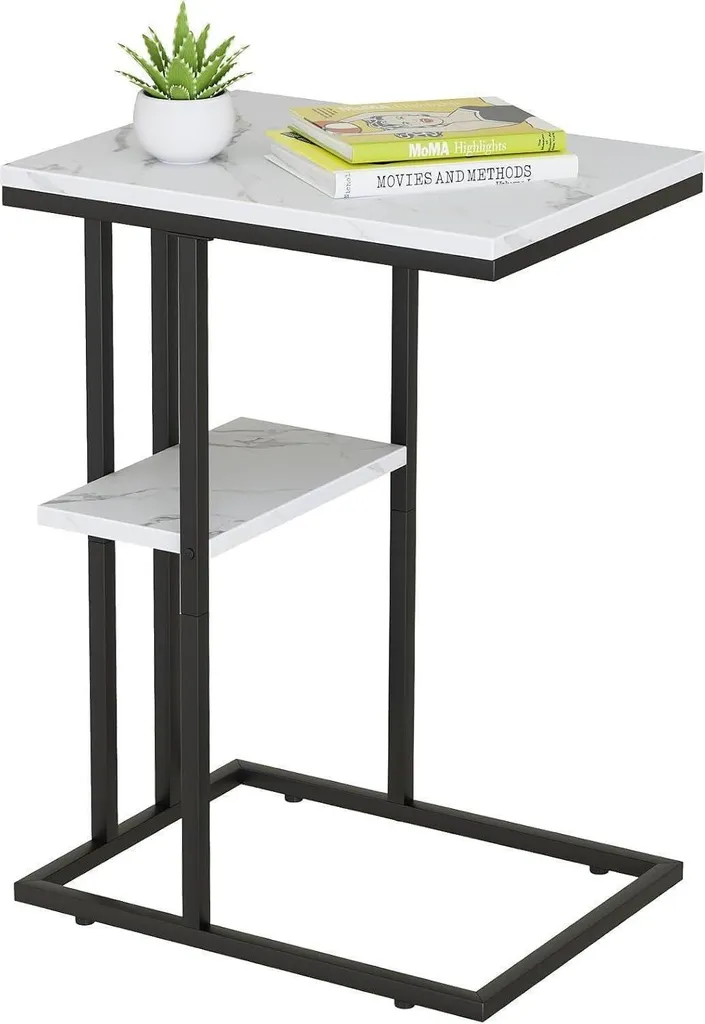 Petite table de salon forme C 2 niveaux aspect marbre blanc robuste