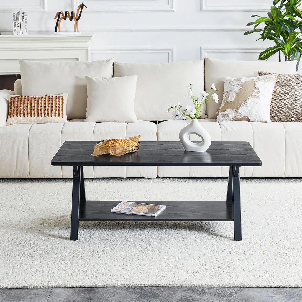Table basse pour petits espaces avec étagère de rangement bois et métal