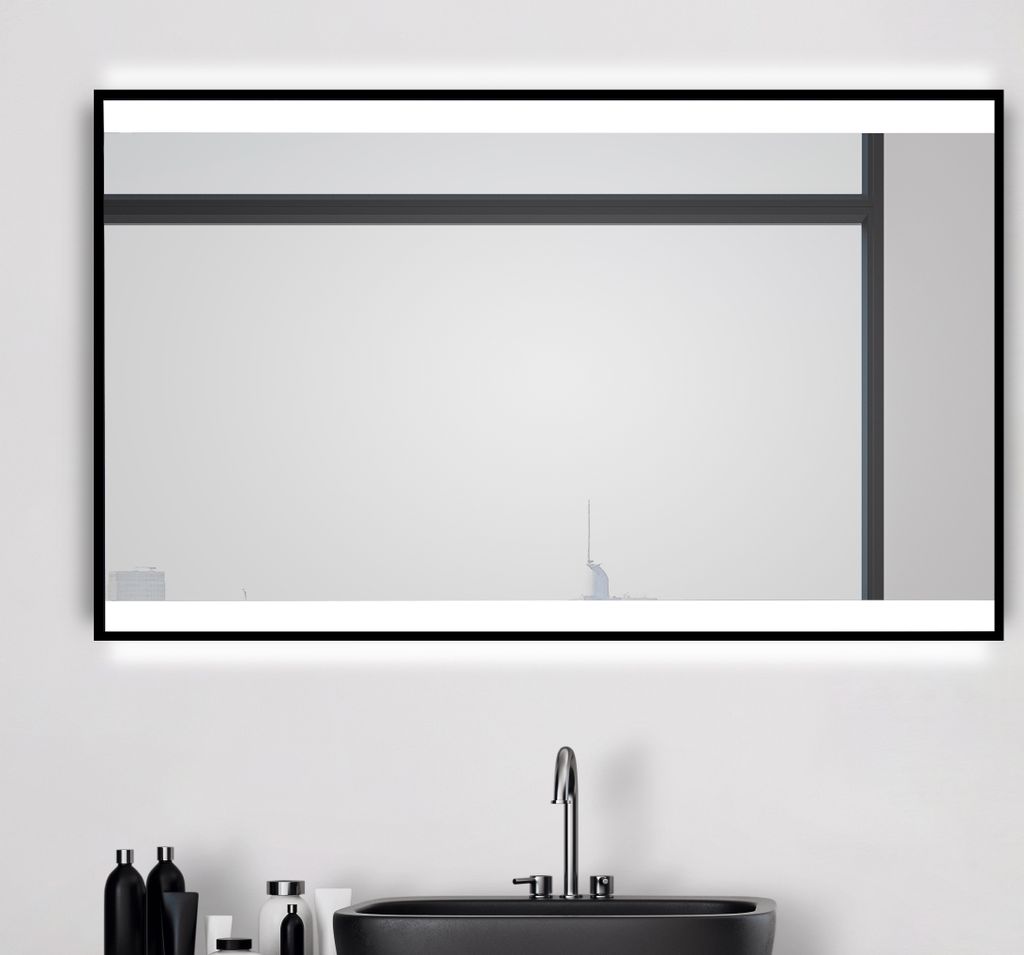 Badspiegel mit Beleuchtung Talos Black Shine 120 x 70 cm Wandspiegel - hochwertiger Aluminiumrahmen mit Kippschalter in matt schwarz - Lichtspiegel...