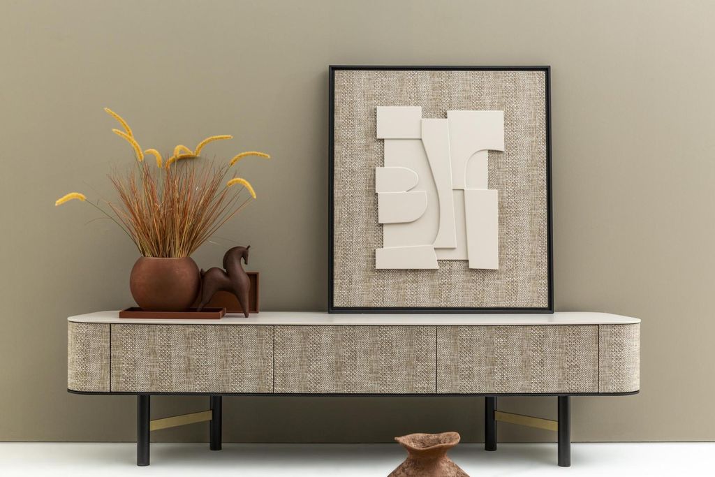 Eleganter Beiger Holz TV-Ständer mit Kunstbild im modernen Stil