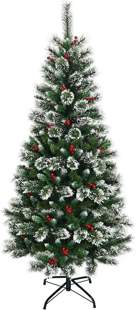 Sapin de Noël avec Aiguilles PVC et Support Métal 180cm Décor Baies Rouges