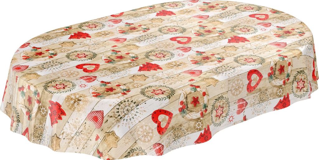 Tischdecke Wachstuch Weihnachten Rot Robust Wasserabweisend Oval Breite 140 cm Länge 200 cm