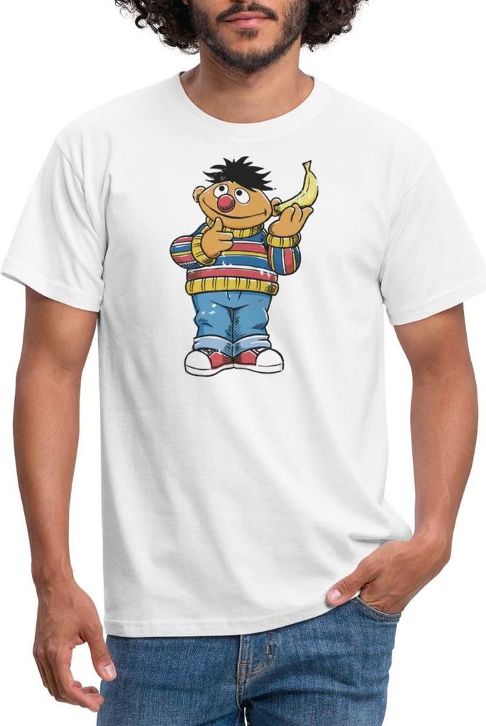 Spreadshirt Sesamstraße Ernie Mit Banane Pose Lustig Used Look Männer T-Shirt, 4XL, Weiß