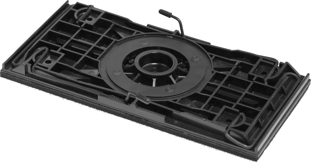 A black plastic part for a power tool, likely a sander base plate, is shown against a white background.