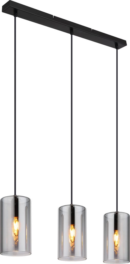 A black linear pendant light fixture with three cylindrical glass shades.