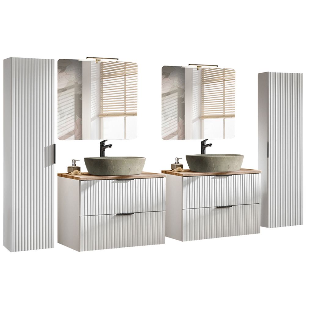 Badezimmermöbel Komplett Set matt weiß Rillenoptik ADELAIDE-56-WHITE 2 Spiegel & 2 Waschtische mit Keramikbecken, 2 Hochschränke