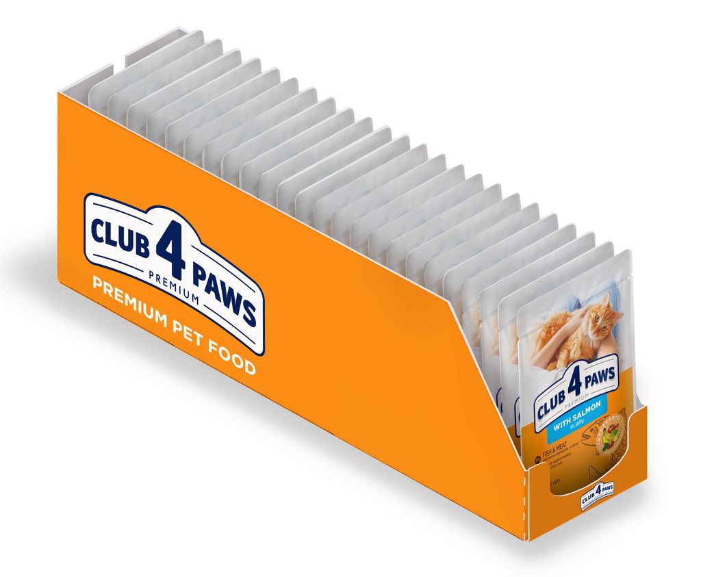 CLUB 4 PAWS Premium Nassfutter für ausgewachsene Katzen mit Lachs in Gelee- 24x85g