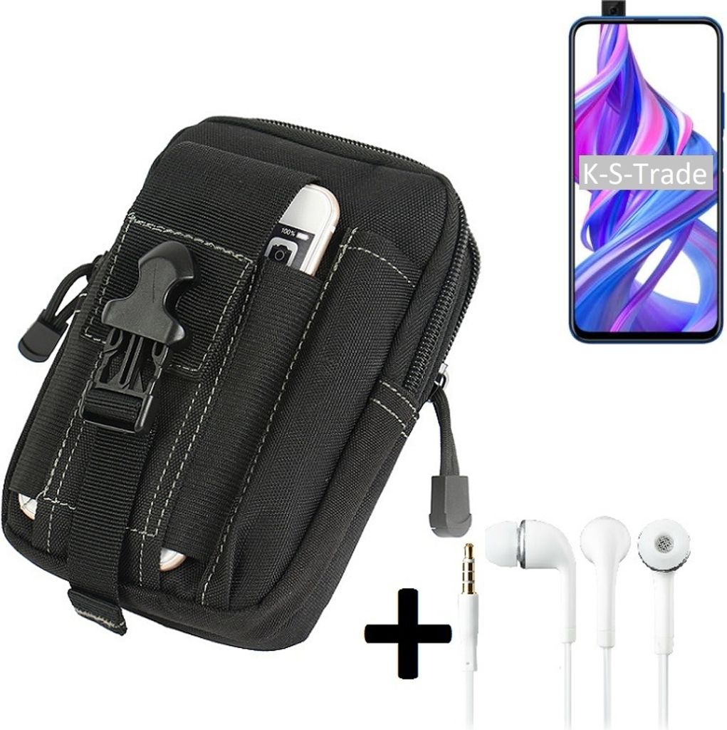 K-S-Trade Gürteltache + Kopfhörer kompatibel mit Huawei Honor 9X Gürtel Tasche Holster Schutz Hülle Handy Hülle schwarz inkl. Extrafächer