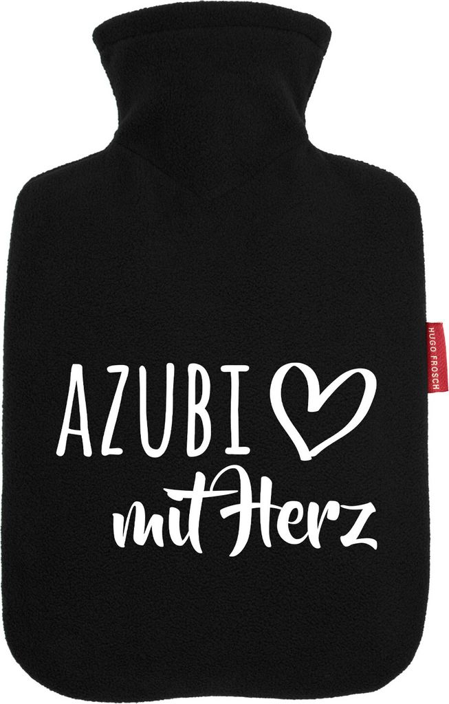 Huuraa Wärmflasche Azubi mit Herz 1,8 Liter Black Classic Veloursbezug Bettflasche Geschenkidee