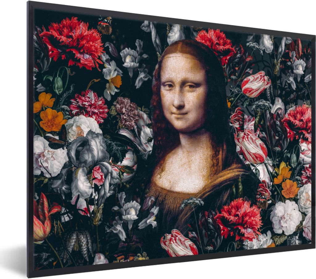 MuchoWow Gerahmtes Poster Leonardo da Vinci - Mona Lisa - Blumen 40x30 cm - Poster mit Schwarzem Bilderrahmen Wandposter Rahmen Foto Bilder - Kun...