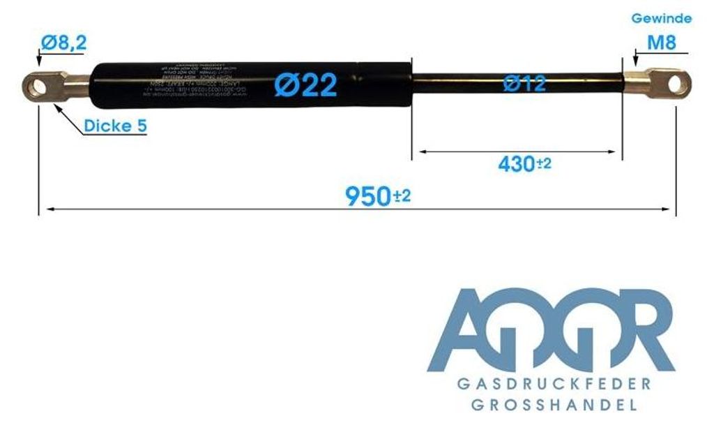 Gasdruckfeder Gasdruckdämpfer Augenaufnahme 960mm/430mm 100N-1.250N M8