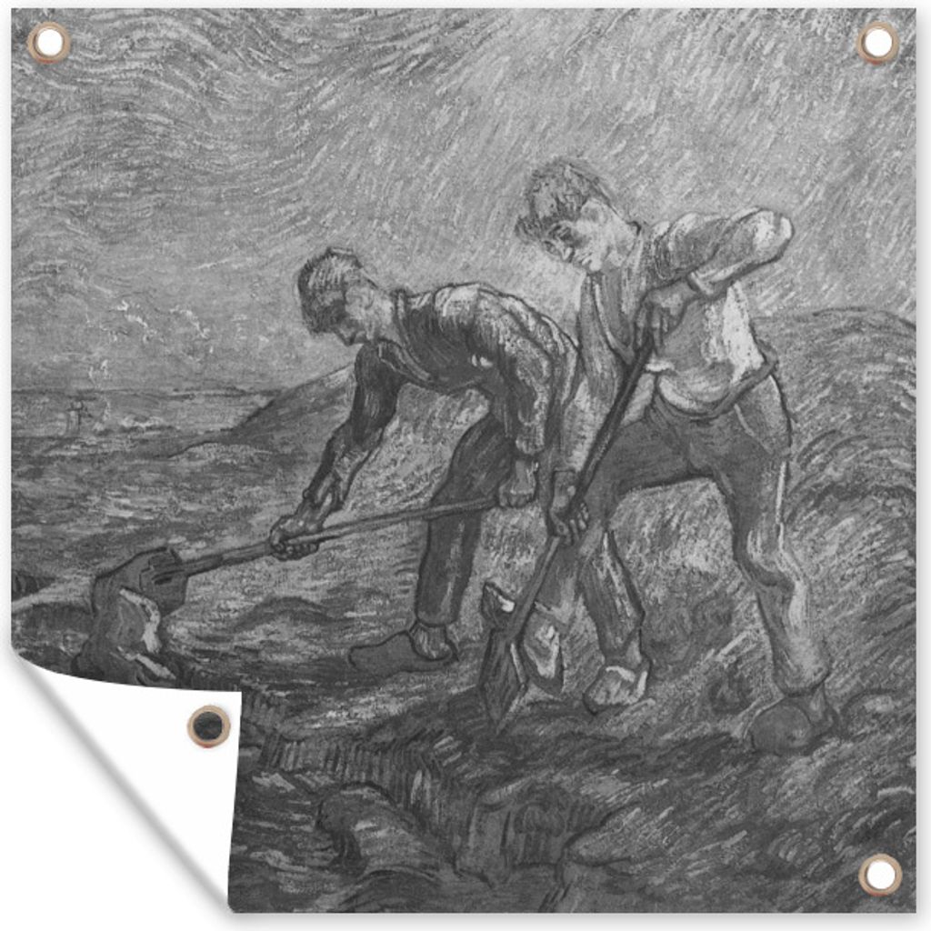 MuchoWow 100x100 cm Outdoor-Poster Gartendeko Sichtschutz Garten Poster für den Garten Die Bagger - Vincent van Gogh - Schwarz und weiß