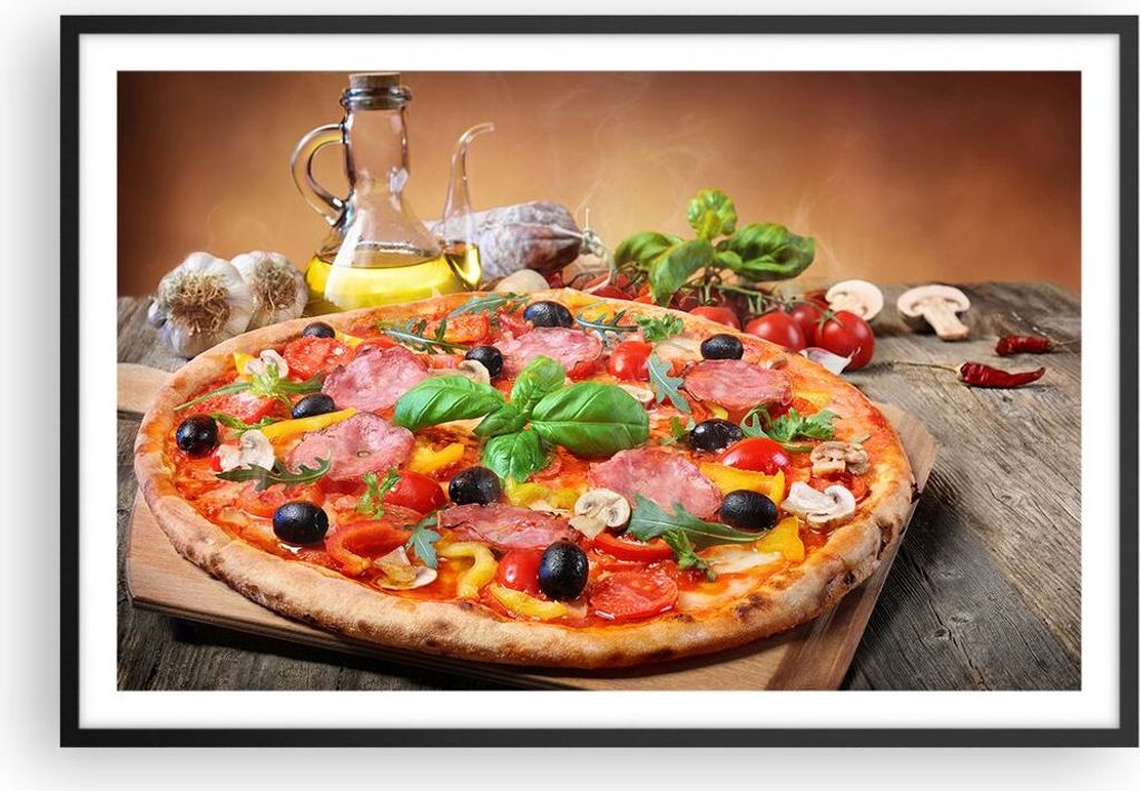 Gerahmtes Poster - Schwarzer Rahmen - Pizza Käse Tomaten - 91,5x61 cm - Wand Bild - Wanddeko - Wandbilder - Kunstposter - Wandposter - Bilderrahme...