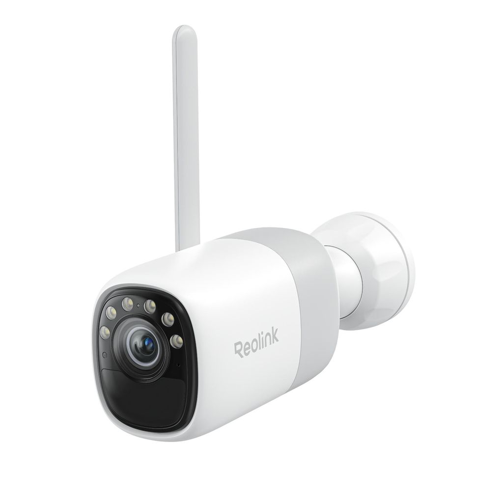 A white and gray Reolink surveillance camera with an antenna, shown against a white background.