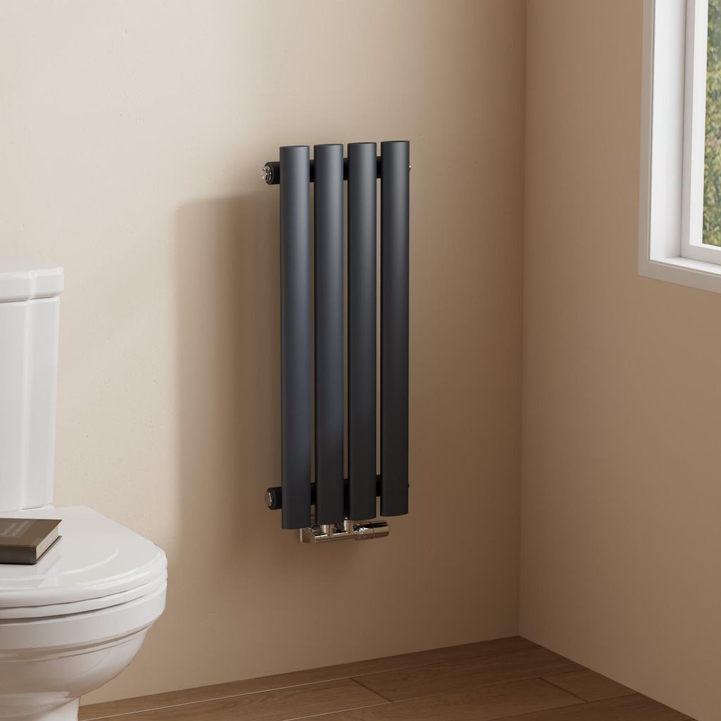 A dark grey vertical radiator is mounted on a light beige wall next to a white toilet in a bathroom.