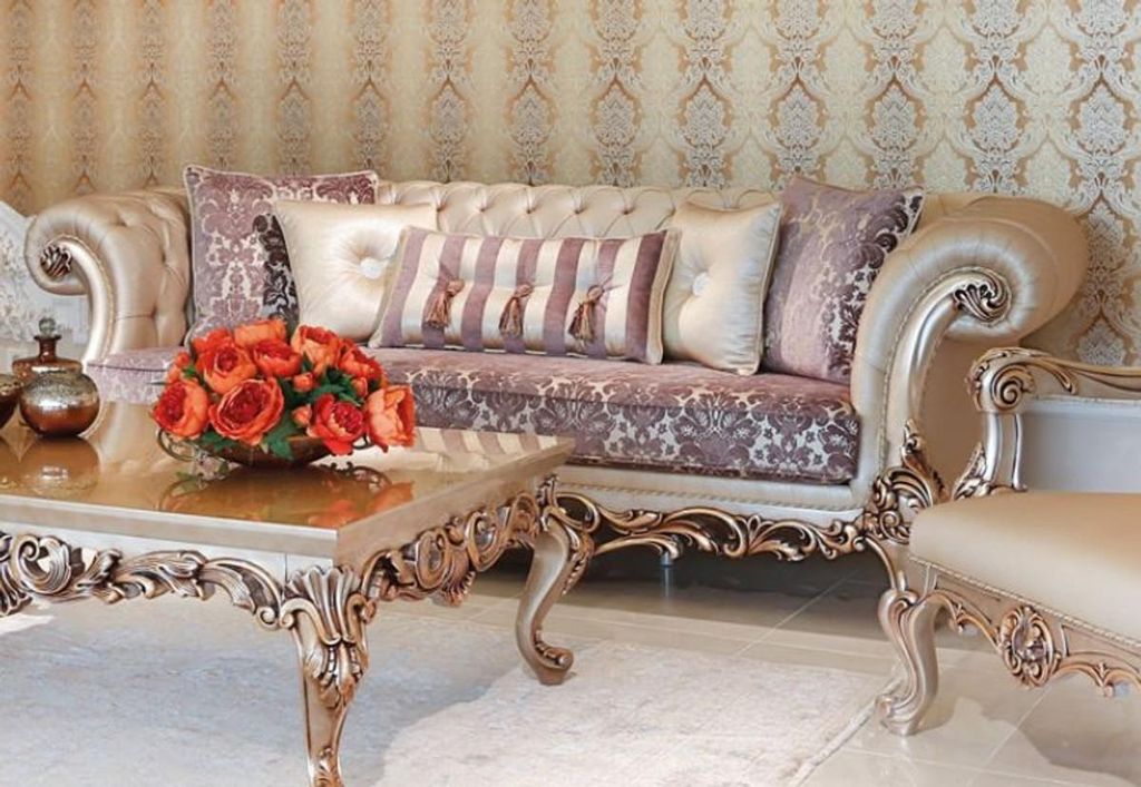 Casa Padrino Luxus Barock Sofa Lila / Creme / Beige / Kupferfarben 260 x 100 x H. 90 cm - Prunkvolles Wohnzimmer Sofa mit edlem Muster - Barock Woh...