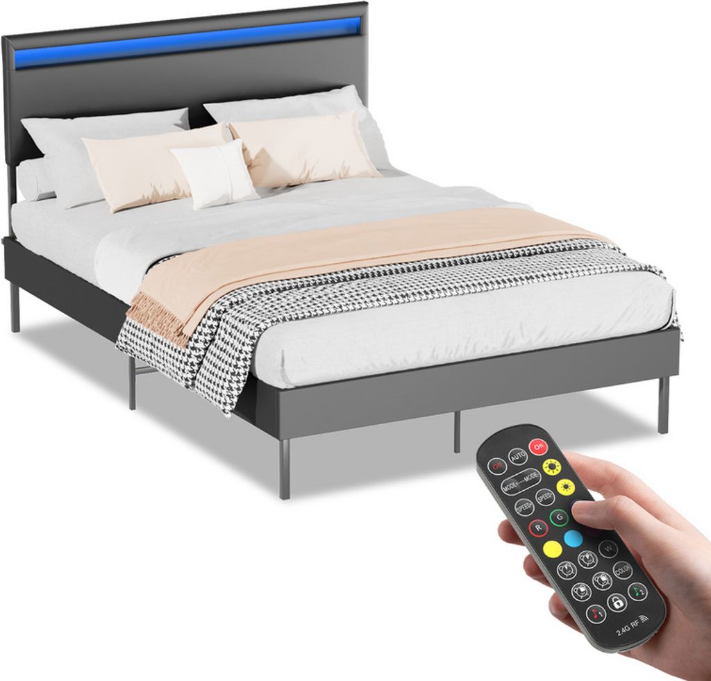 Jopassy Bettgestell robustes Bettgestell Lattenrost Maximale Tragfähigkeit 350 kg für Jugendbett Kunstleder LED-Beleuchtung Mit Fernsteuerung 140...