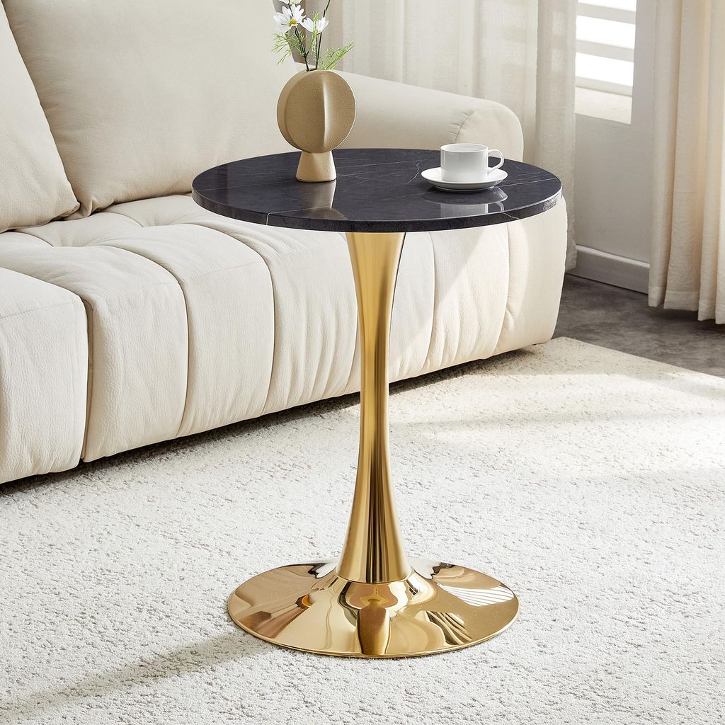 Runder 60cm Beistelltisch / kleiner Esstisch aus MDF: Tischplatte mit hochwertiger Thermoform-Technologie, schwarze Marmoroptik, goldene Stützkons...