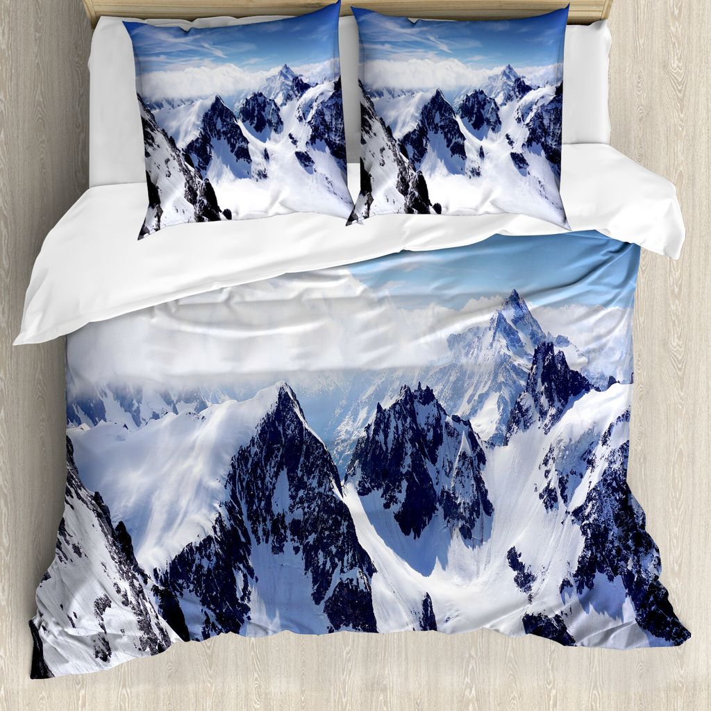 ABAKUHAUS Winter Bettbezug, Berggipfel Landschaft, Milbensicher Allergiker geeignet mit Kissenbezügen, 155 cm x 220 cm - 80 x 80 cm, Weiß Blau