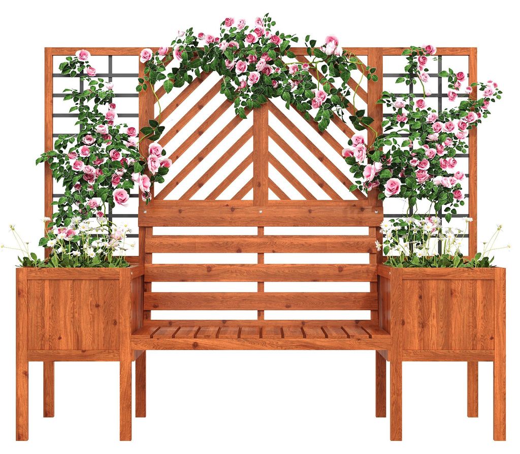 Pflanzkübel mit Spalier & Sitzbank Eckig aus Massivholz Tanne Wetterfest Dunkelbraun Rankhilfe für Garten & Terrasse 170x145x42 cm