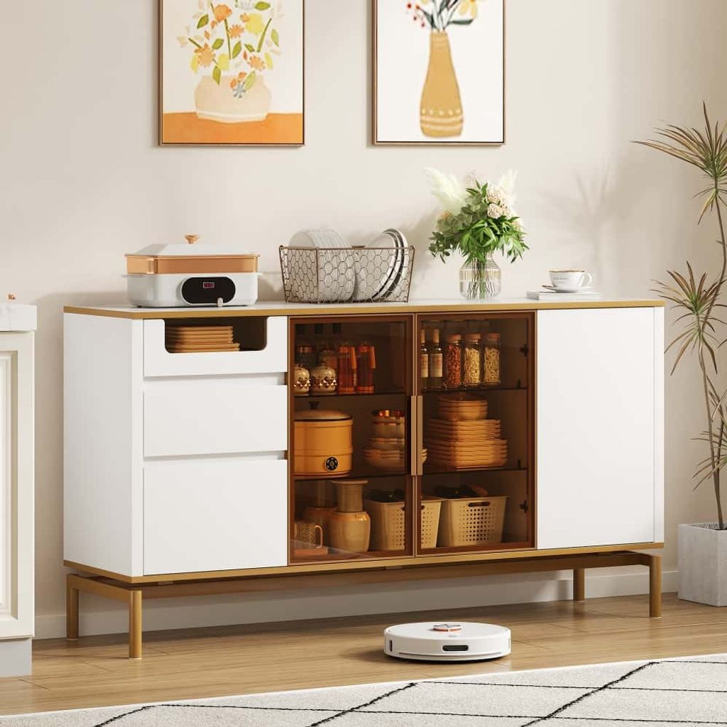 AIORBER Kommoden,Marmorplatte, Goldintarsien, Holzfächern, mit Schubladen und Glasfächern,Sideboard, ideal für Wohn- und Esszimmer, 150x40x80 cm...