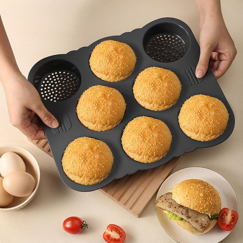 Hamburger Brötchen Backform - Einfaches Herauslösen - Hitzebeständig - Silikon - 8 Fächer - Runde Form - Nusskuchen - Küche