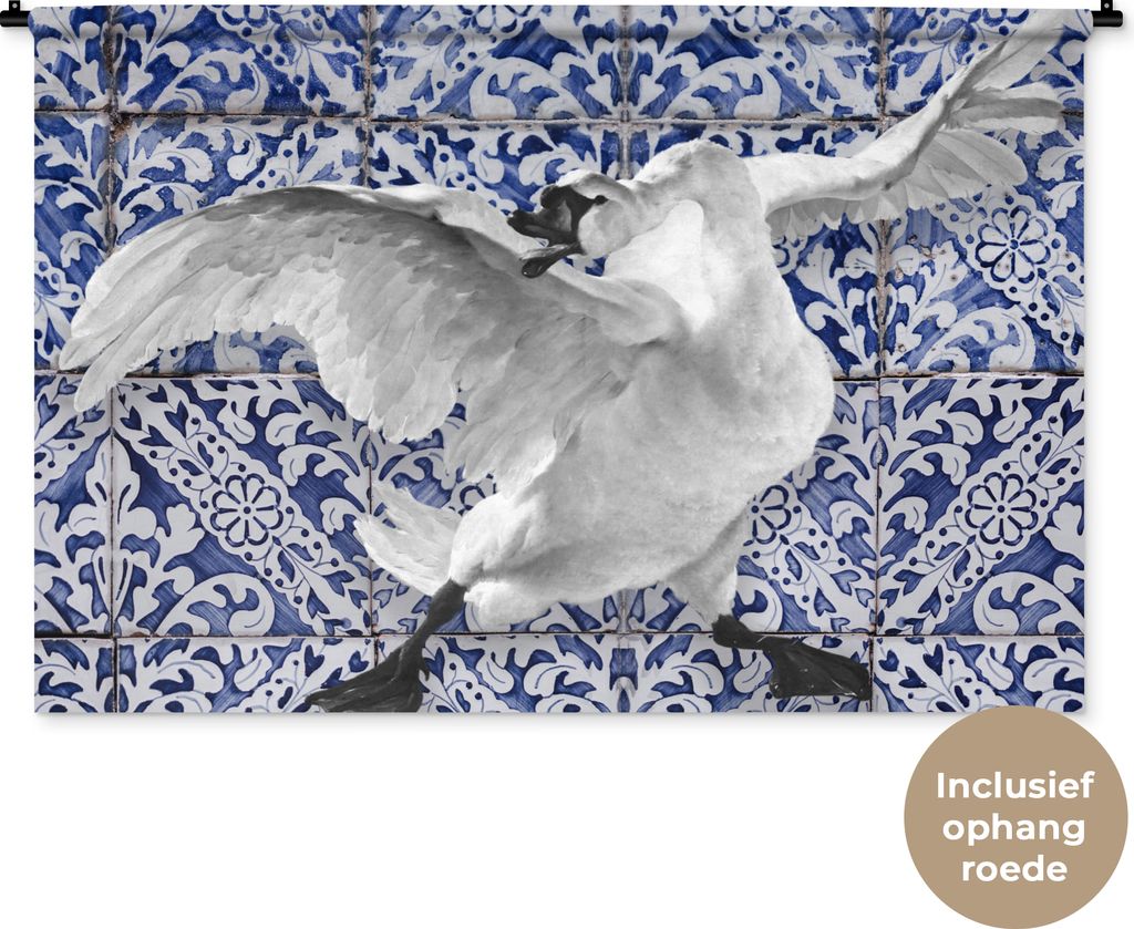 MuchoWow Wandteppich Wandbehang Schwan - Kunst - Delfter Blau - Malerei - Alte Meister 120x80 cm Tapisserie Dekoration Wandtuch - Wanddekoratione...