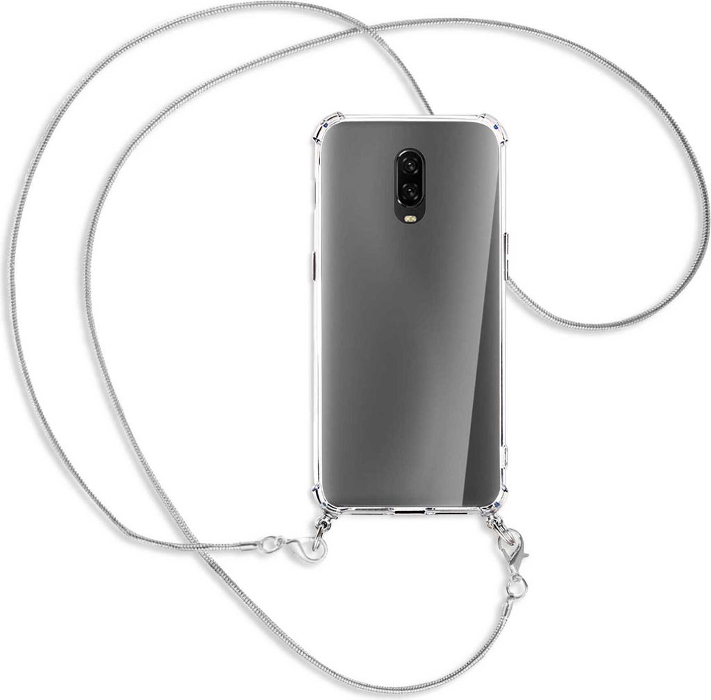 Handykette Backcover-Schutzhülle mit Band (Metall silberfarben) für OnePlus 6T, OnePlus 7 - silberfarbene Kette Snake