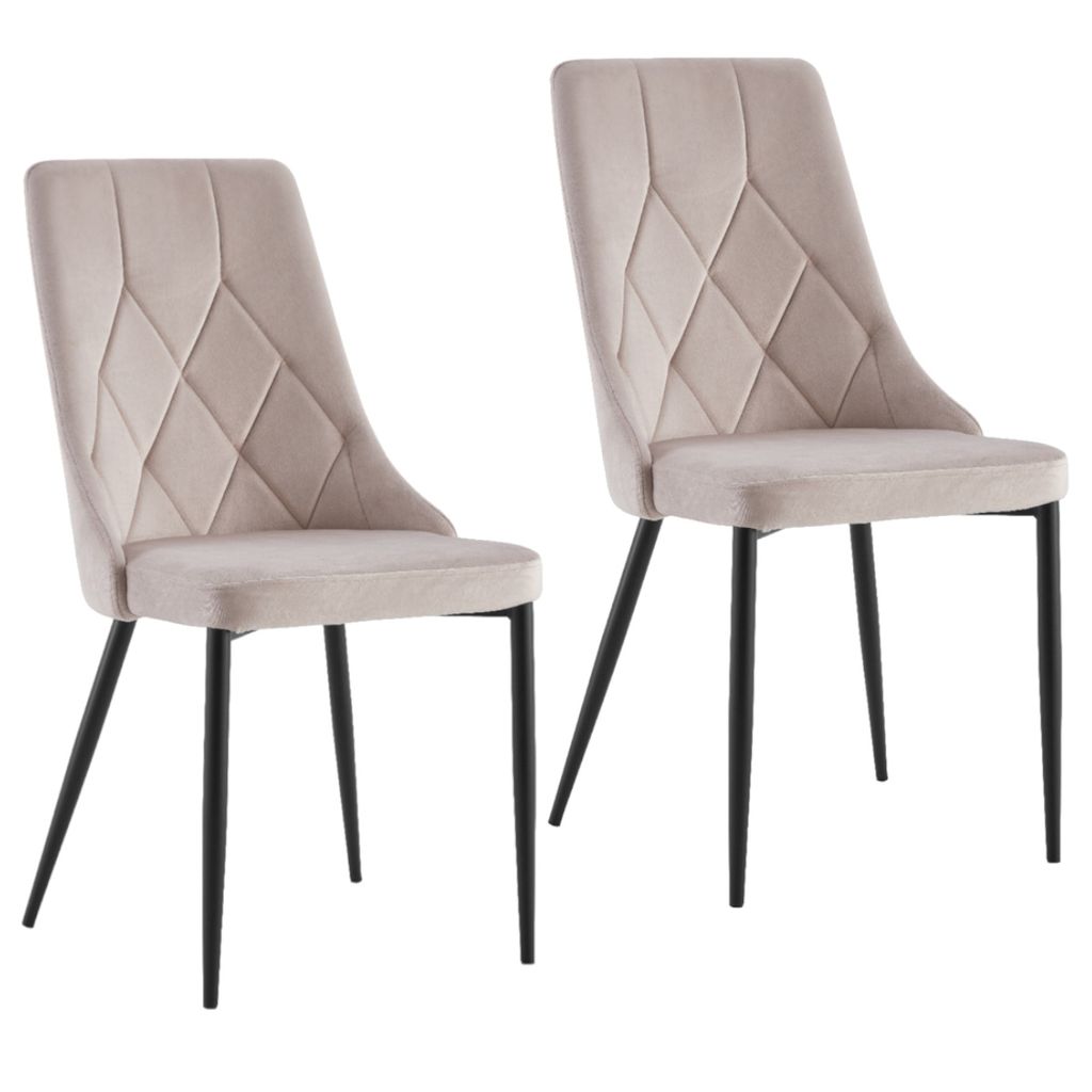 Two beige dining chairs with diamond-patterned upholstery and black metal legs, displayed against a white background.