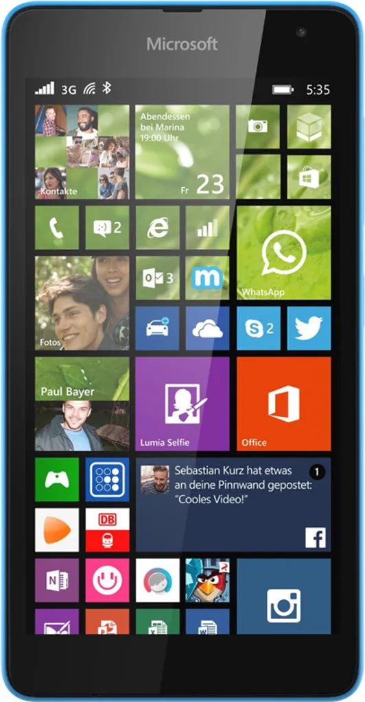 Téléphone portable Lumia 535 bleu de Microsoft, écran large et fluide