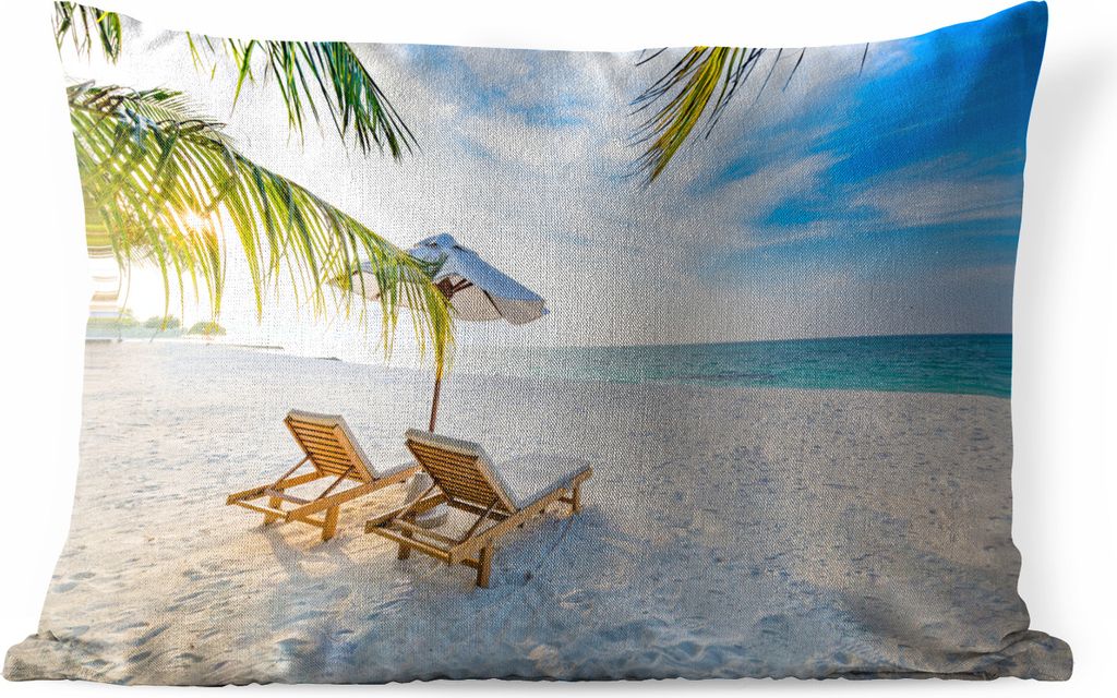MuchoWow Outdoor Kissen - Strandkorb - Sonnenschirm - Sonnenuntergang - 60x40 cm - Wetterfest - Lounge Kissen - Zierkissen - Kissen für Innenräume