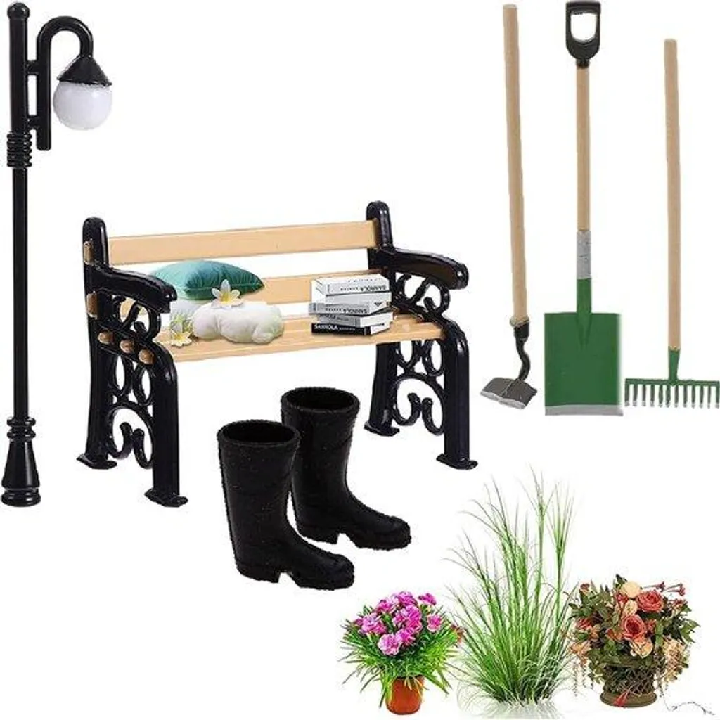 Set de décoration jardin miniature 6 pièces en résine avec banc rétro