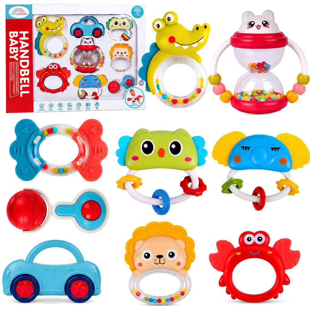 Baby Rassel Set 8in1 Beißringe Lernspielzeug Sensorik Produktbild 