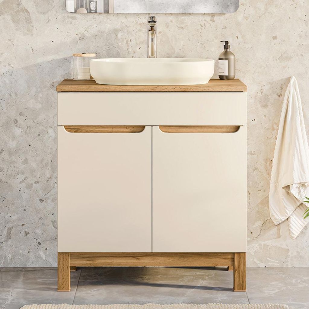 Badezimmer-Waschtisch 80 cm in kaschmir und Eiche, Aufsatzbecken, 2-türig - SOLNA-56-CASHMERE