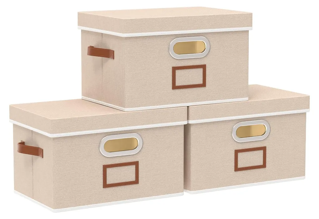 Boîte de rangement avec couvercle et poignée en tissu beige 32x23x20 cm