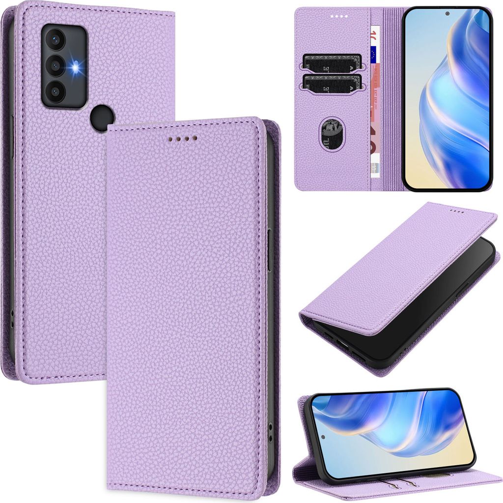 Litchi Leder Handyhülle für TCL 30 SE Wallet Kartenfächer Standfunktion Hülle Violett