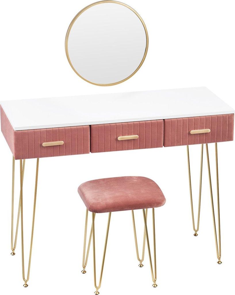 Happyment Schminktische De– Mit Spiegel und Krukje – Kinder & Erwachsene – Make-up Tisch für Mädchen – Weiß/Gold – 80x40x76cm