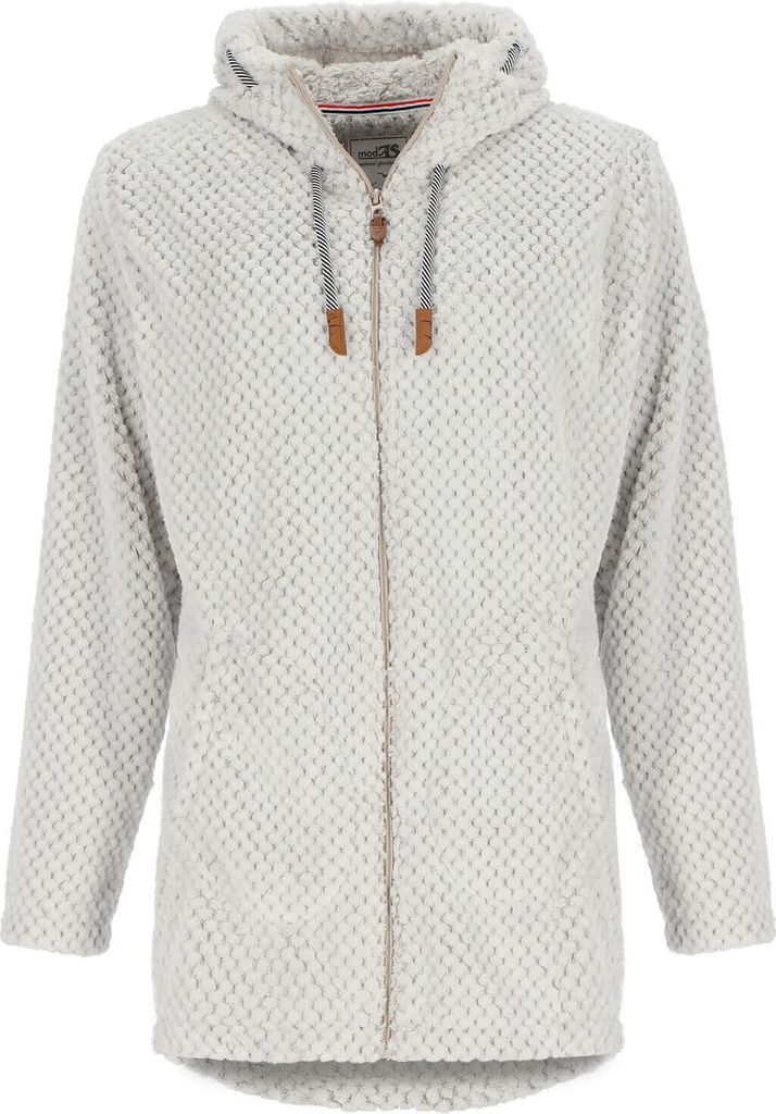modAS Damen Fleecemantel in lockerer Optik - Kuschelige Fleecejacke mit maritimen Details in Weiß-Grau Größe 38