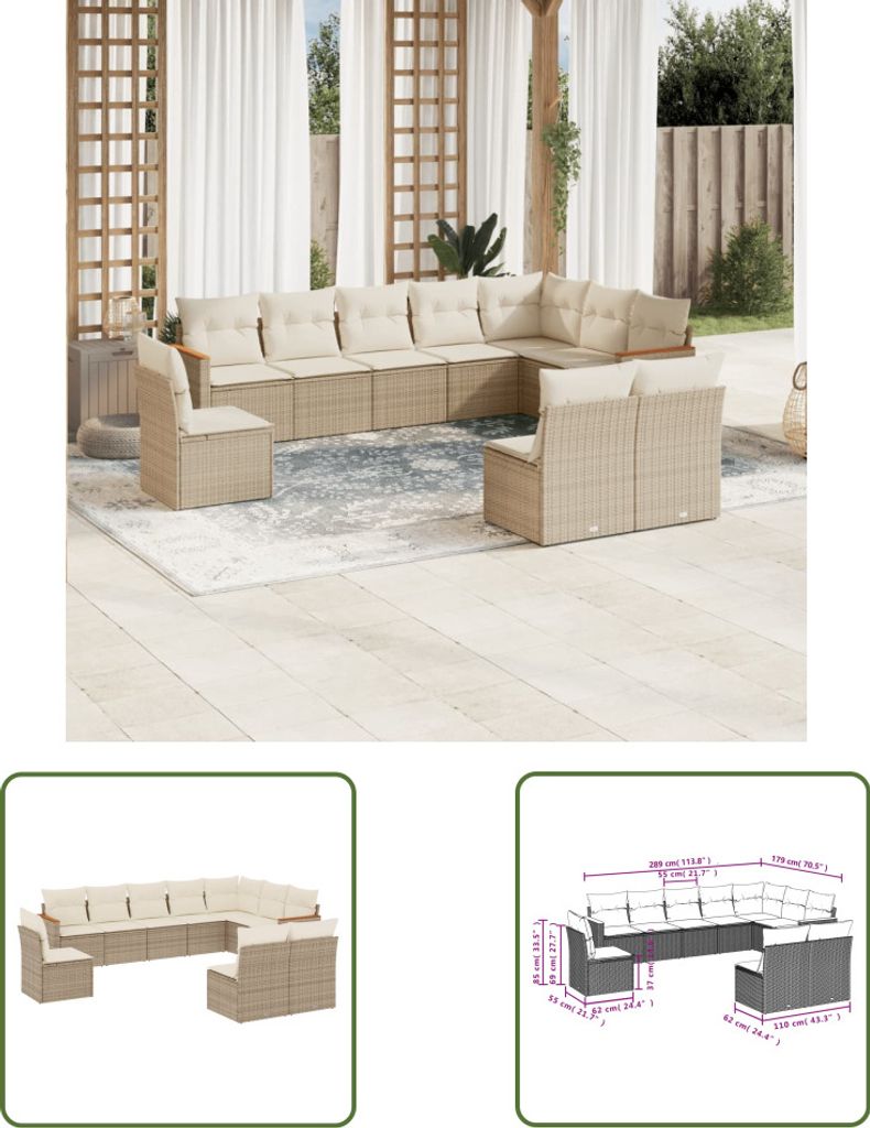 The Living Store 10-tlg. Garten-Sofagarnitur mit Kissen Beige Poly Rattan
