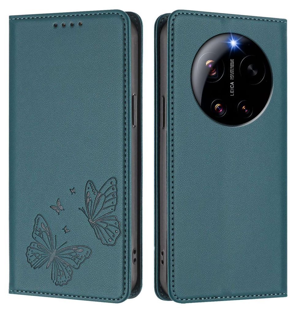 Lederhülle für Xiaomi 17 Ultra, Schmetterling Prägung Leder Brieftasche Schutzhülle mit Ständer Grün