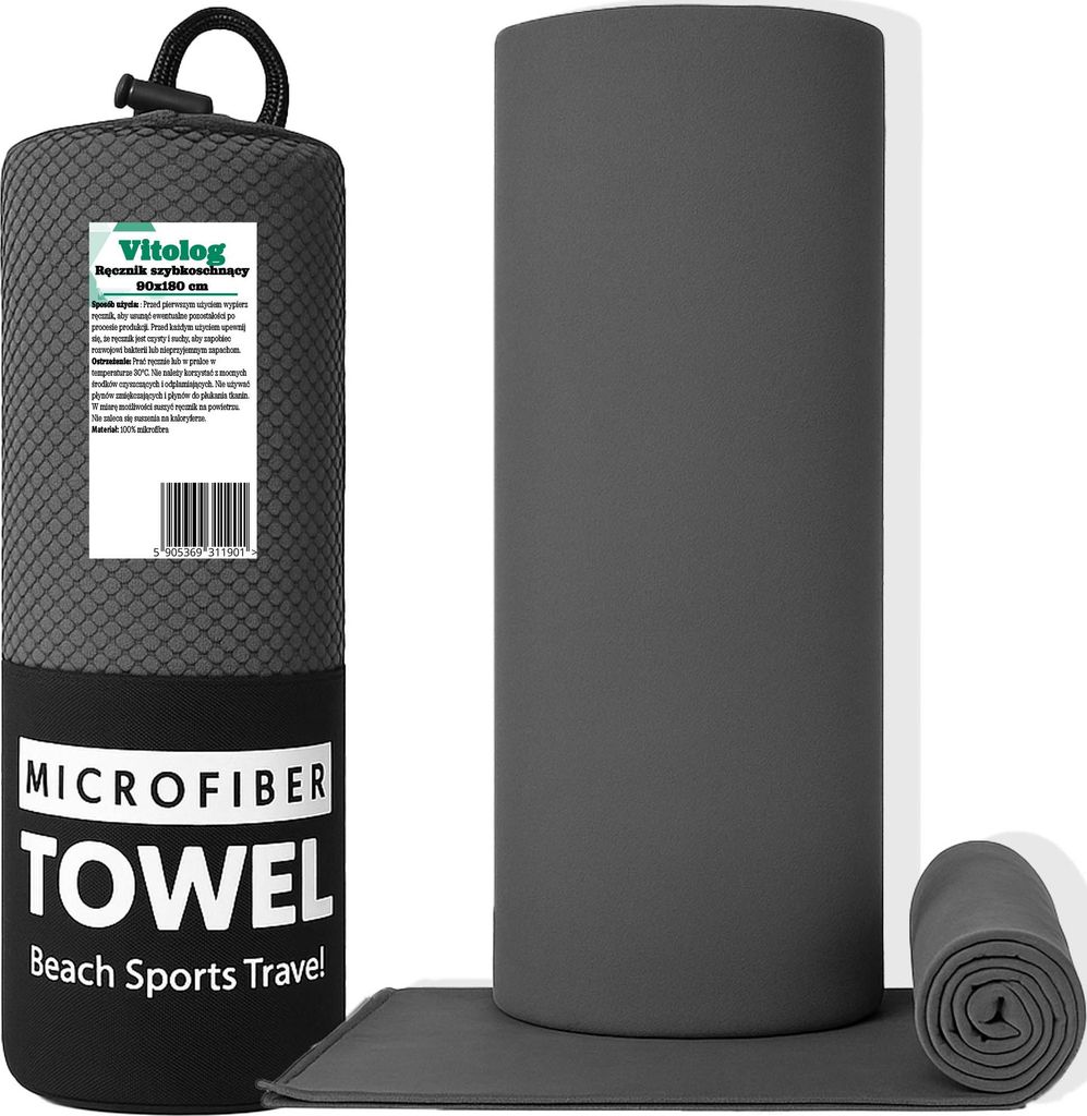 Schnelltrocknendes Mikrofaser-Strandtuch 90x180 cm Grau