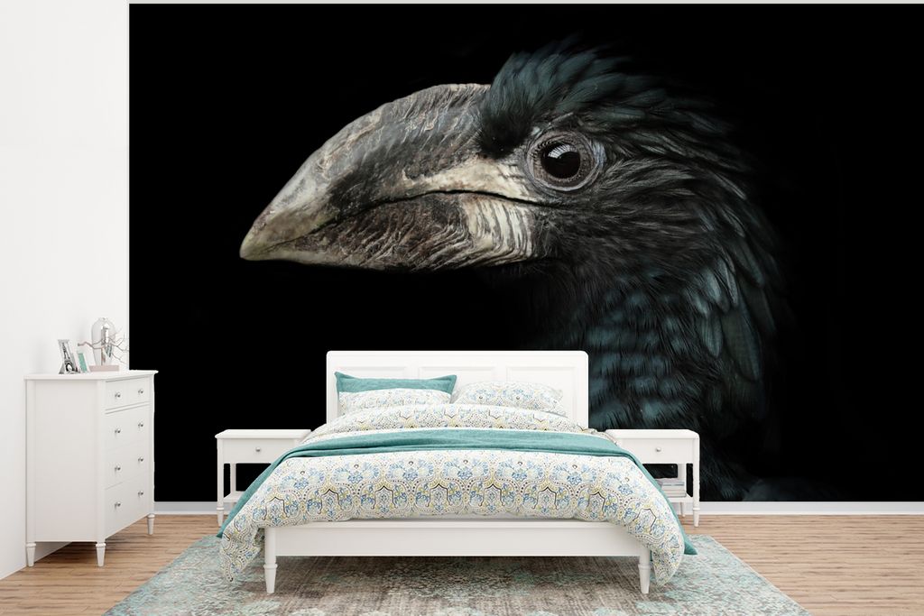 MuchoWow Fototapete für Wohnzimmer oder Schlafzimmer Wandtapete Vinyl Motivtapete Vogel - Porträt - Hornvogel - Schwarz - Tiere - 320x240 cm - ...