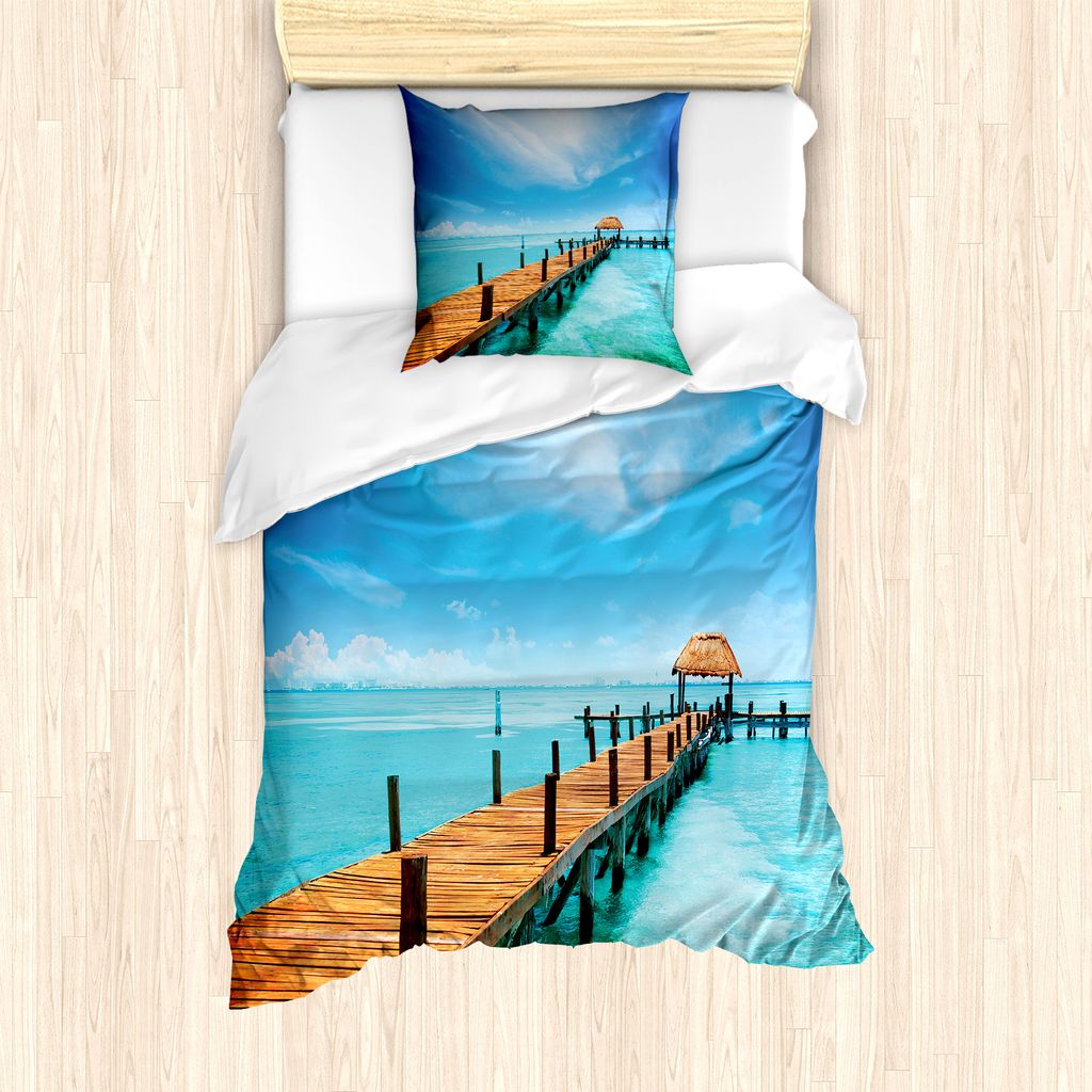 ABAKUHAUS Tropisch Bettbezug Set für Einzelbetten, Exotische Hawaii Holz Pier, Milbensicher Allergiker geeignet mit Kissenbezug, 135 cm x 200 cm -...
