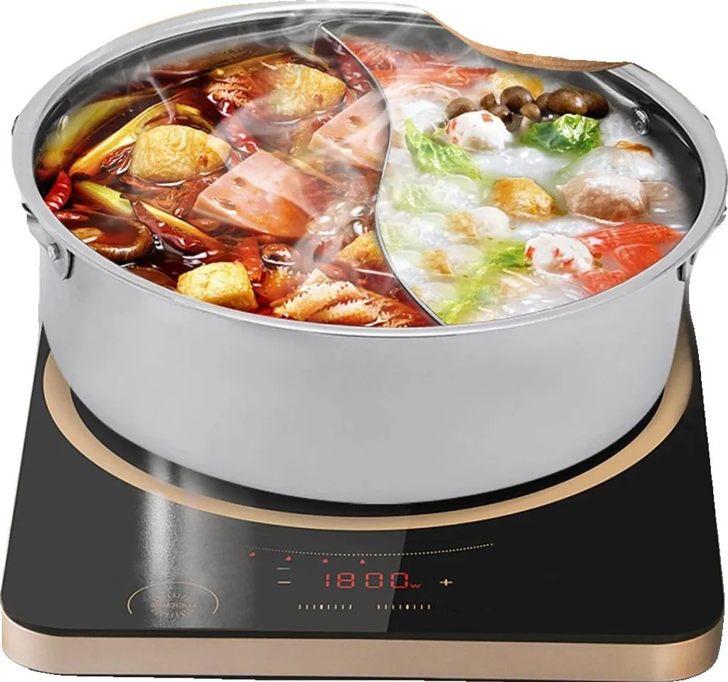 Marmite Fondue Double Goût Inox 30cm avec Séparateur Central et Couvercle Verre